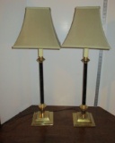 Pair Brass Candlestick Banquet Lamps w/ Cloth Shades - Black Insert on Candlestick