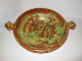 Vintage Red Ware Southwestern Painted Bowl w/ Knob Handles - 10.5