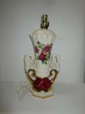 Vintage Ceramic Lamp W/ Lovely Swan Handles - Rose Decal & Gilding