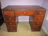 9 Drawer Wooden Kneehole Desk - shows wear - paint project or refinish