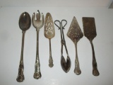 Lot - Silver-plate - 2 Rice Spoons, 2 Pie Servers, Cake Server, Tongs