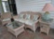 Nice Whitewashed Wicker Set 3 Cushion Sofa, 2 End Tables, Arm Chair, Coffee Table, Palm Lamp