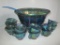 Blue Carnival Glass Punch Bowl w/ 12 Cups Blue Plastic Ladle - 12