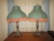 Pair Brass Based Lamps w/ Victorian Style Cloth Shades w/ Tassel Trim