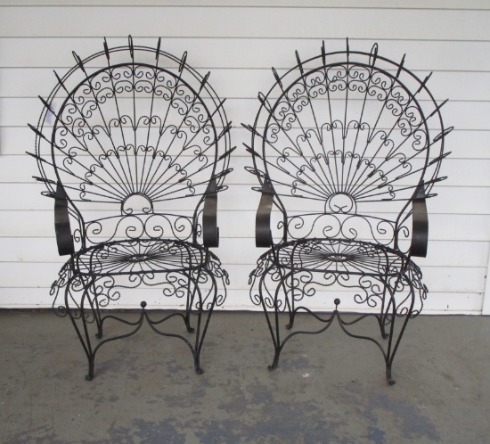 Pair Mid Century Wrought Iron Wire Peacock Chairs in style of Salterini