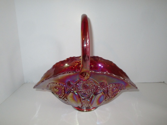 Red Carnival Glass Basket - 11" Tall X 12" Wide