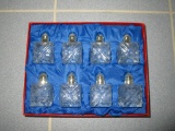 Boxed Set of 8 Individual Pressed Glass Salt & Pepper Shakers w/ Silver Plated Lids