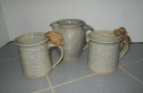 Art Pottery Creamer & 2 Mugs w/ Clay Animal Handles