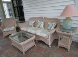 Nice Whitewashed Wicker Set 3 Cushion Sofa, 2 End Tables, Arm Chair, Coffee Table, Palm Lamp