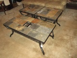 3 Piece Metal & Slate Tile Top Coffee Table w/ Shelf & 2 End Tables