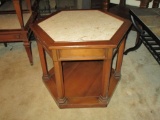 Octagon Shaped Wood Marble Top Table w/ Bottom Shelf