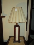 Pecan Wood Table Lamp w/ Marble Insets & Fabric Shade - 32