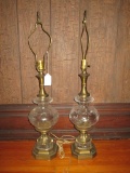 Pair Exquisite Lead Crystal Lamps w/ Pressed Pattern w/Beautiful Brass Base - no shades