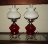 Pair Hurricane Lamps w/ Red Glass Font, Brass Base & Hobnail Milk Glass Shade 20