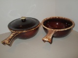 2 Stoneware Brown Drip Glaze Handled Pots - 1 With Lid