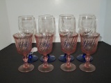 4 Each Pink Stems & Clear Bowl Wine Glasses w/ Blue Stems