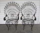 Pair Mid Century Wrought Iron Wire Peacock Chairs in style of Salterini