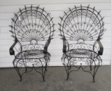 Pair Mid Century Wrought Iron Wire Peacock Chairs in style of Salterini