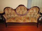 Rose Carved Medallion Back Victorian Style Sofa w/ Velvet Tapestry Upholstery