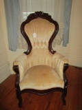 Rose Carved Medallion Back Victorian Style Arm Chair w/ Velvet Upholstery