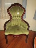 Rose Carved Medallion Back Victorian Style Arm Chair w/ Green Velvet Upholstery - spot on seat