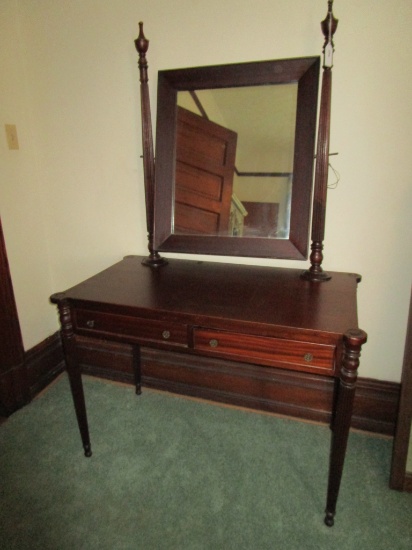 Walnut Vanity w/ 2 Drawers & Swinging Mirror w/ Sheraton Legs