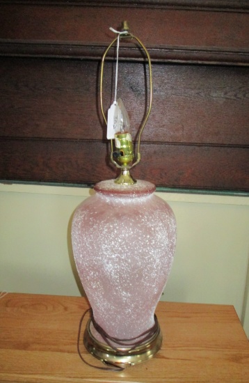Pink Frosted Glass Lamp w/ Brass Base & White Spatters - 29" Tall