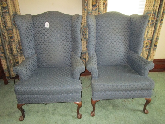 Pair of Blue Wingback Chairs w/ Ball & Claw Feet  - Scratches on Feet - Fabric slightly worn