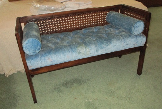 Mahogany End of Bed Bench w/ Cane Back & Blue Tufted Seat