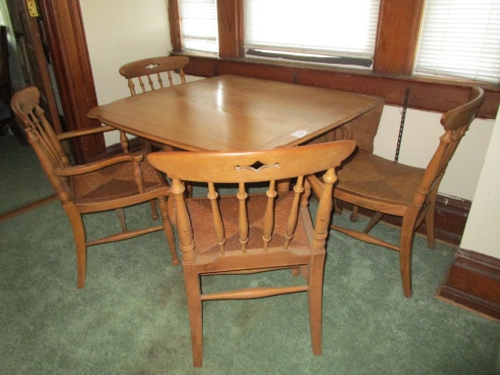 Oak & Mixed Wood Drop Leaf Table w/ 4 Rush Bottom Chairs - 44" w/ X 28" d X w/ 15 " drop leaf