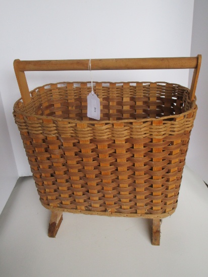 Split Oak, Hemp & Wood Magazine Basket on Feet w/ Handle