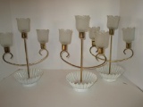 Lot - Brass Candle stands w/ Frosted Globes