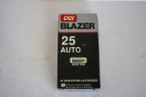 CCI Blazer 25 Auto 50 GR. TMJ Centerfire Cartridges Factory Ammunition