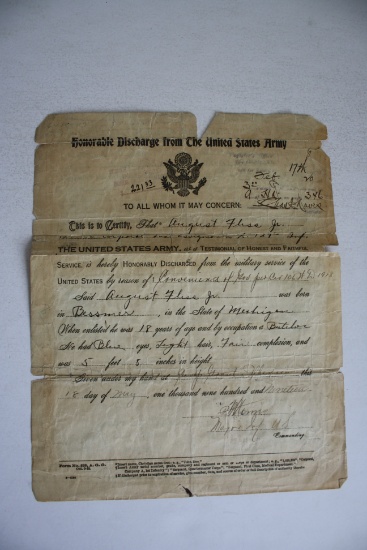 WWI Honorable Discharge Papers