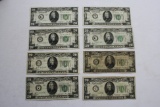 Twenty Dollar U.S. Currency Notes Lot of 8