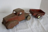 1930's Pressed Metal Wooden Wheel Truck and Trailer