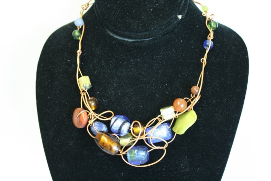 Glass & Stone Beaded Necklace on Copper Wire and Metallic Leather Cord