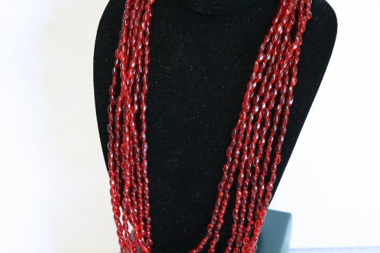 Multi-Strand Red Beaded Necklace with Silver Tone Beading Detail