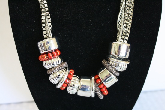 Pendelton Red and Silver Toned Ring Necklace