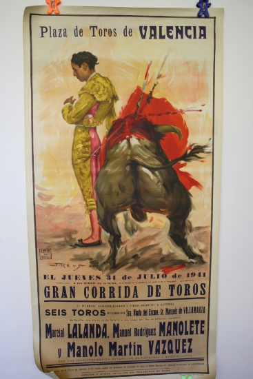 Plaza de Toros de Valencia Bull Fighting Poster- 1941 Reproduction