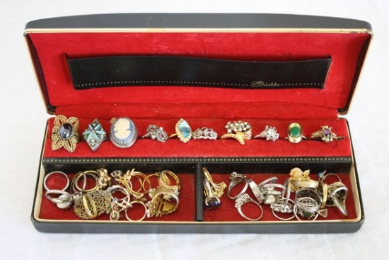 Large Lot of Costume Jewelry Estate Rings in Jewelry Box