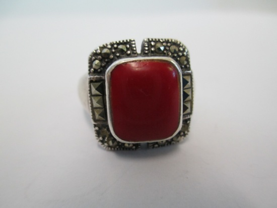 Sterling Silver Ring with Red Center Stone and Marcasite Surround