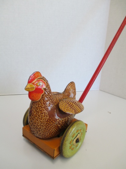 7" Sound and Motion Tin Litho Rooster Push Along Toy