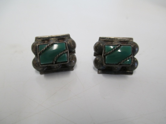 Antique Wrapped Green Turquoise Sterling Silver Screwback Earrings