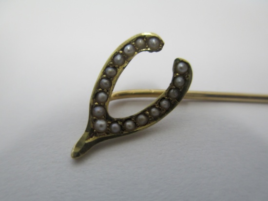 14K Gold Hat Pin- Wishbone with Pearl Accents