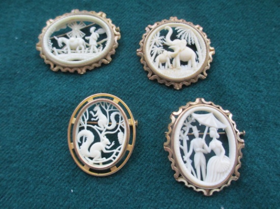 Carved Cameo Scene Brooches- Lot of 4
