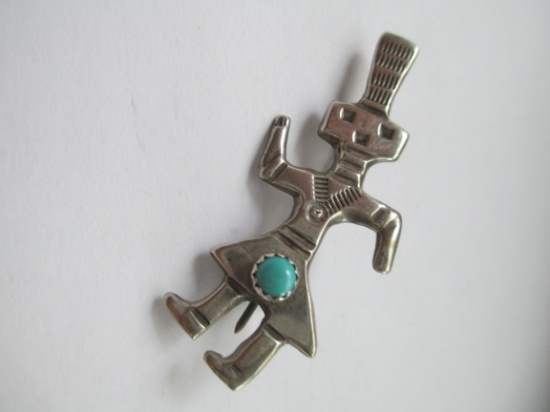 Signed R Sterling Silver Pin with Turquoise Cabachon