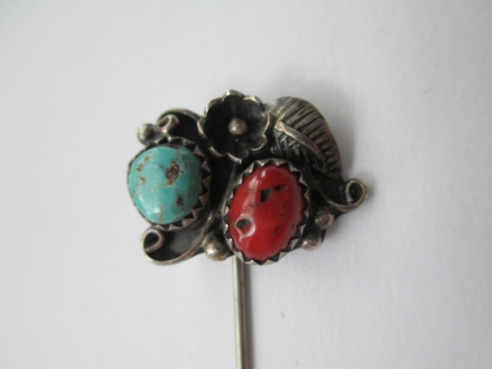 SLIM Signed Southwestern Turquoise & Coral Hat Pin
