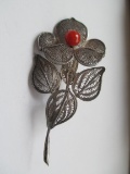 800 Silver Filligree Flower with Coral Center
