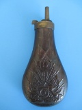 Copper & Brass Black Powder Flask with Cannon & Crossed Flags